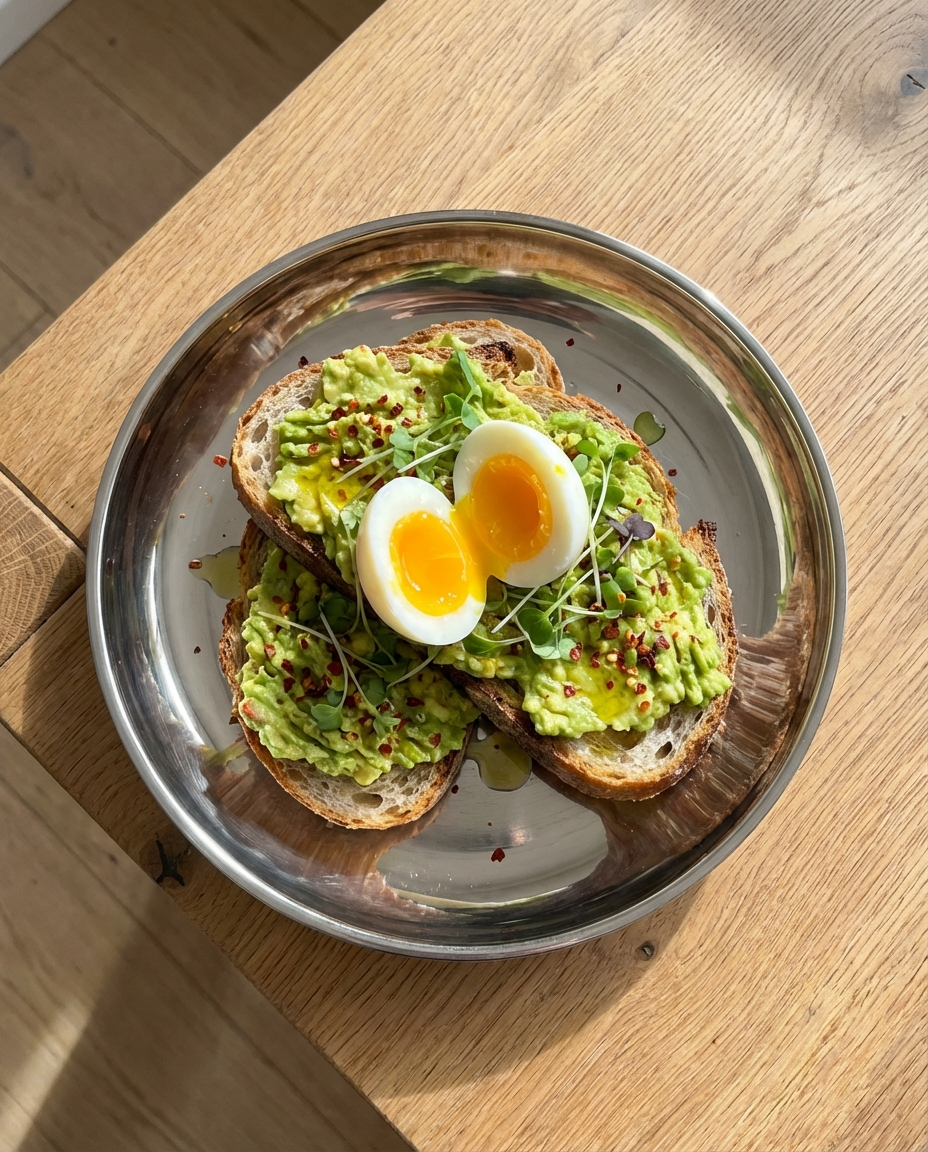 Lækker avocadomad med et smilende æg serveret på en rund ståltallerken i børstet stål.
