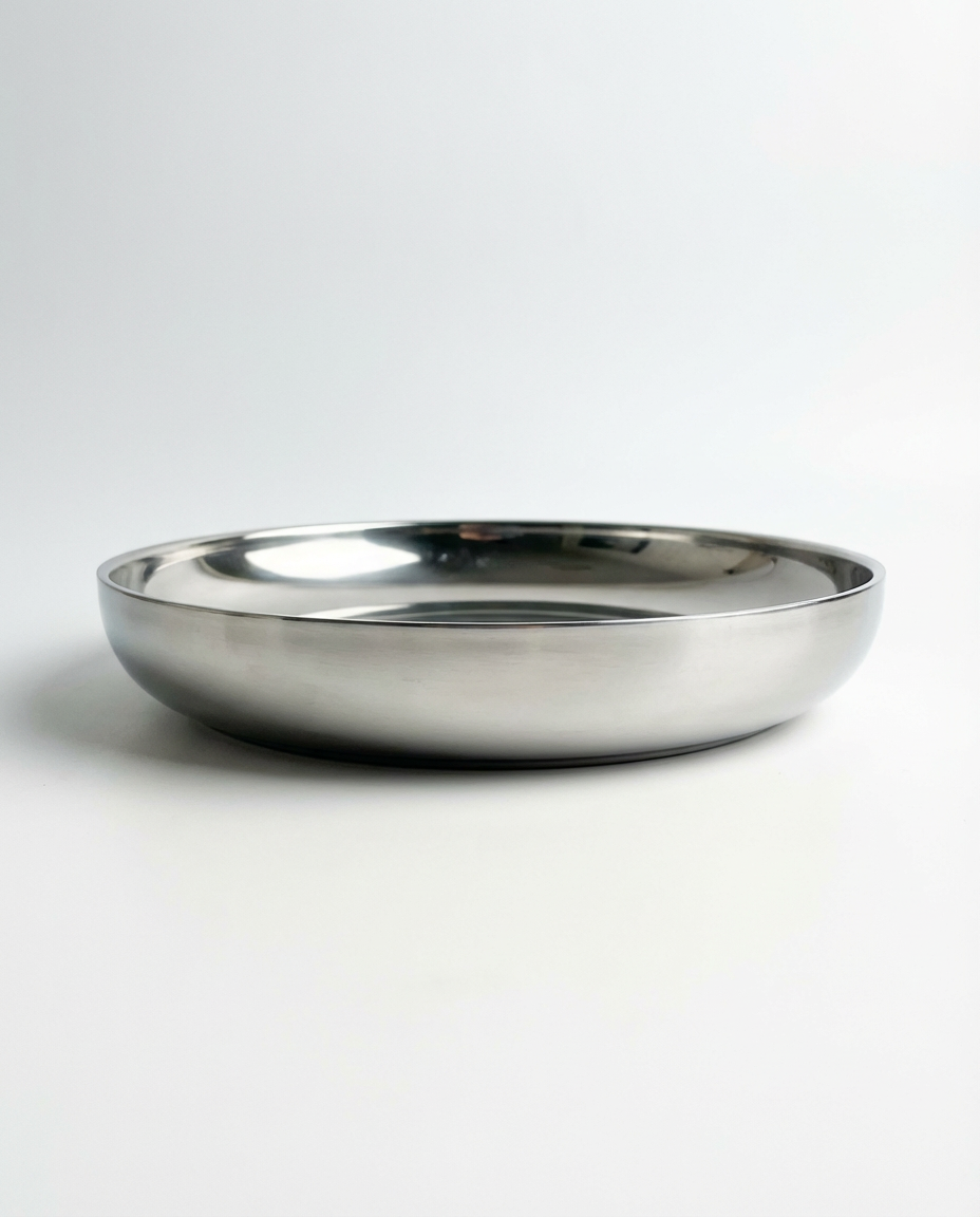 Tæt på-billede af den store ståltallerken (24 cm) på en hvid baggrund, der viser den børstede finish og den dybe kant.