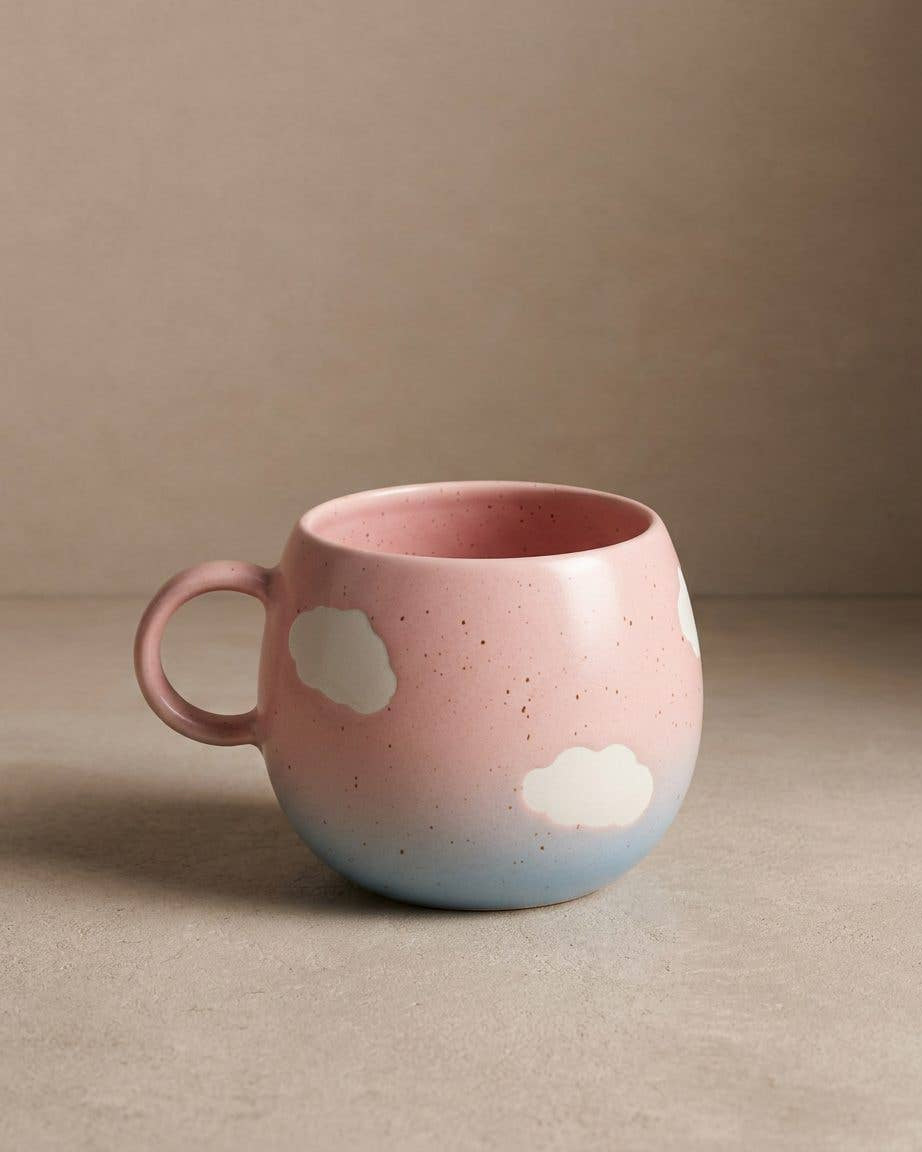 Egg Back Home Cloud Sunset krus 500 ml – stort keramikkrus i rosa og lyseblå med hvide skyer