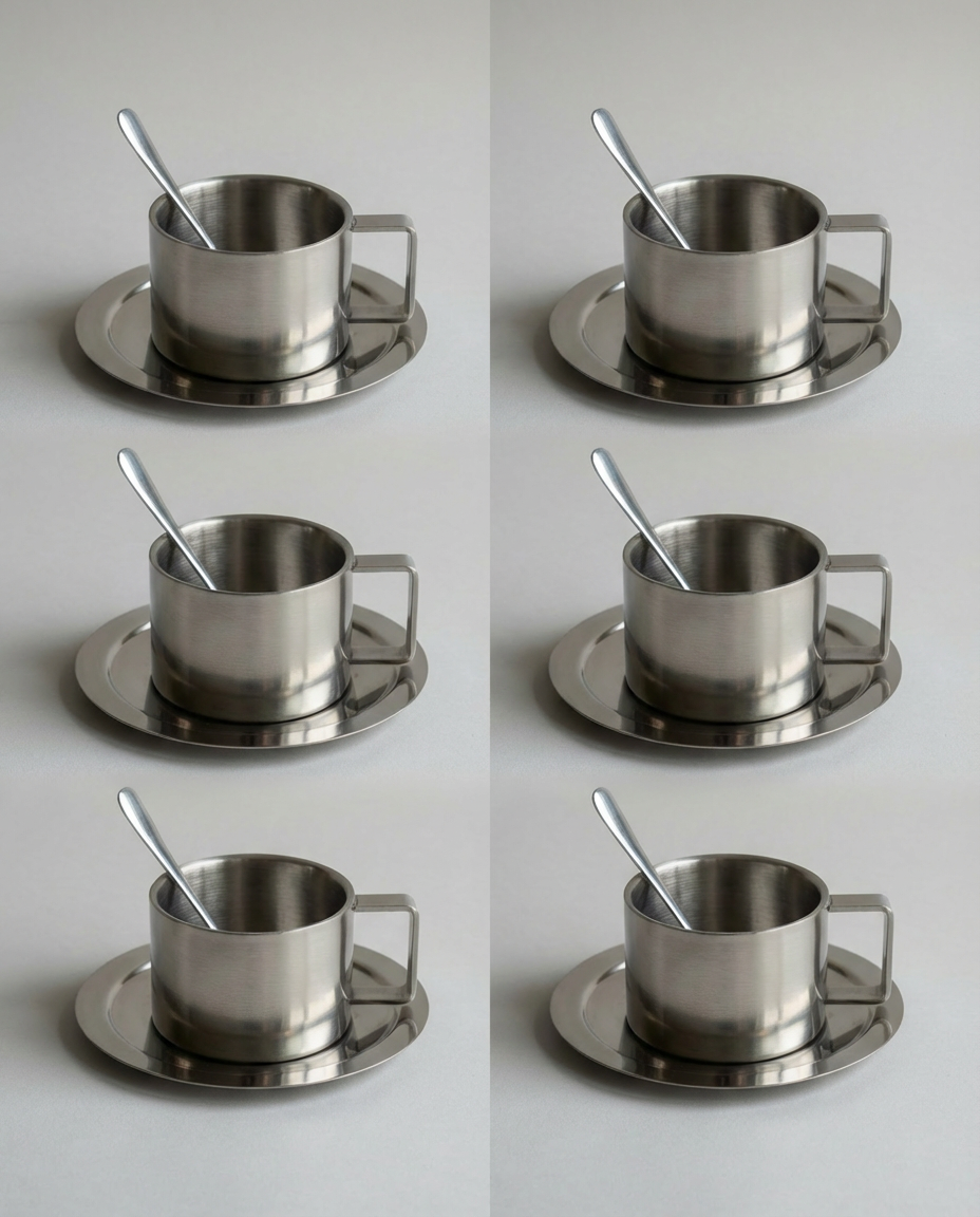 Sæt med 6 kaffekopper i rustfrit stål med underkop og ske – komplet kaffesæt til hverdagen