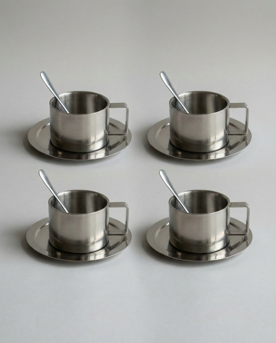 Sæt med 4 kaffekoppper i rustfrit stål med underkop og ske opstillet på hvid flade