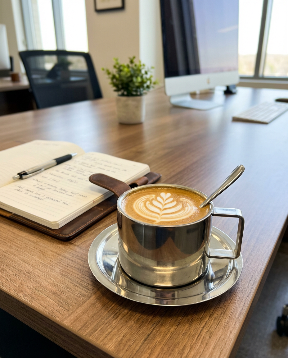 Kaffekop i rustfrit stål med latteart på kontorbord ved siden af notesbog