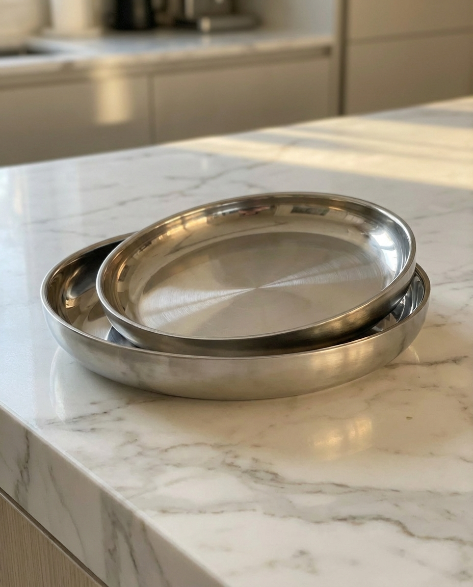 To dobbeltvæggede ståltallerkener i 20 og 24 cm stablet på hvid marmorbordplade – rustfrit 304 stål fra Nilsson Living