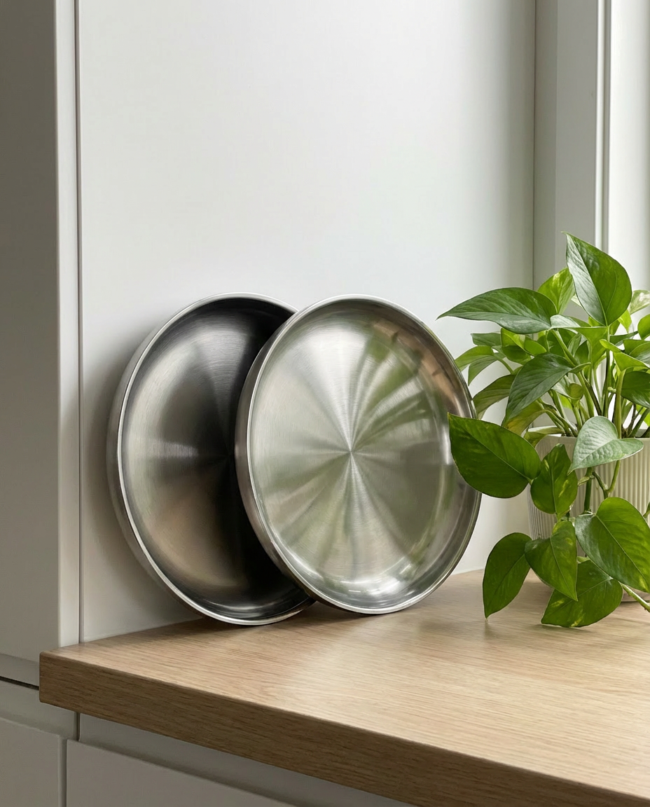 Dobbeltvæggede ståltallerkener i børstet rustfrit stål stillet op mod lysegrå væg med grøn plante – minimalistisk køkkenindretning fra Nilsson Living